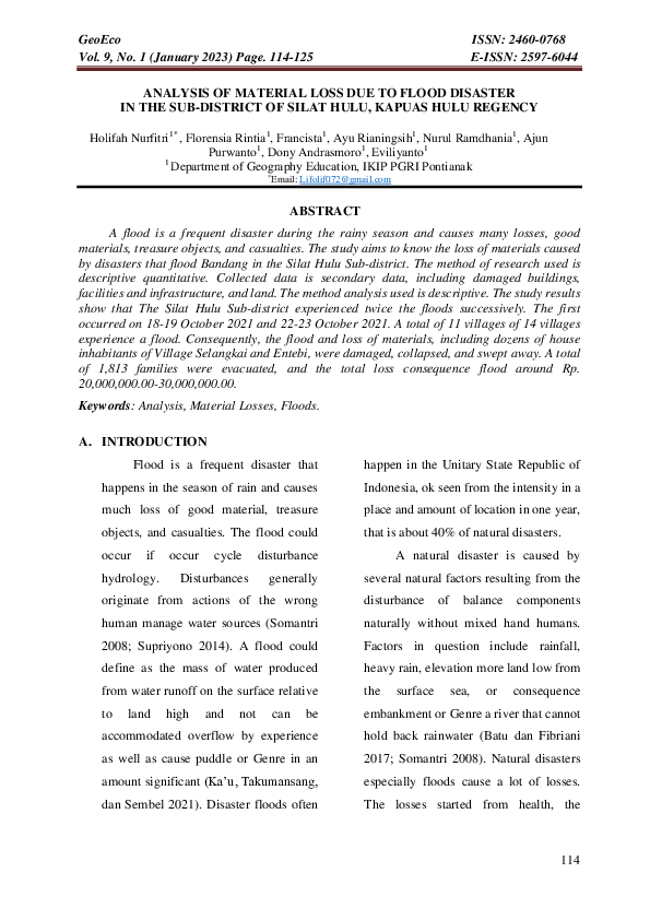 (PDF) Analysis of Material Loss Due to Flood Disaster in the Sub ...