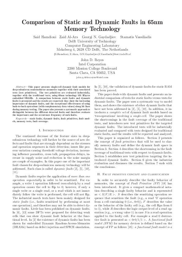 (PDF) Comparison of Static and Dynamic Faults in 65nm Memory Technology