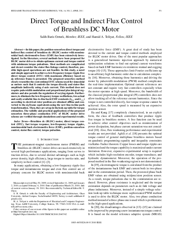 (PDF) Direct Torque and Indirect Flux Control of Brushless DC Motor