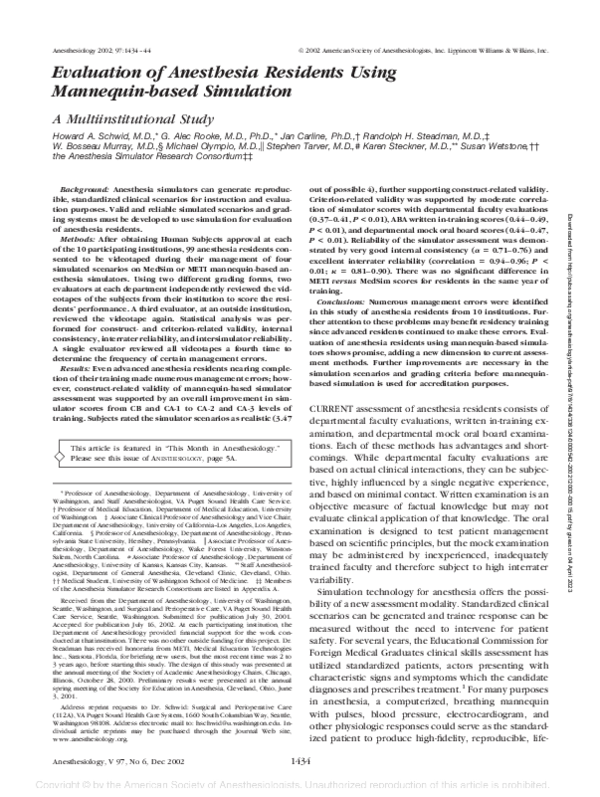 (PDF) Evaluation of Anesthesia Residents Using Mannequin-based Simulation