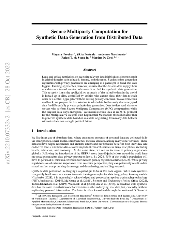 (PDF) Secure Multiparty Computation for Synthetic Data Generation from ...
