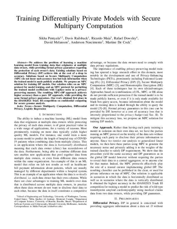 (PDF) Training Differentially Private Models with Secure Multiparty ...