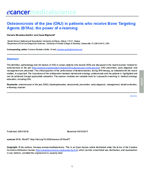 (PDF) Osteonecrosis of the jaw (ONJ) in patients who receive Bone ...