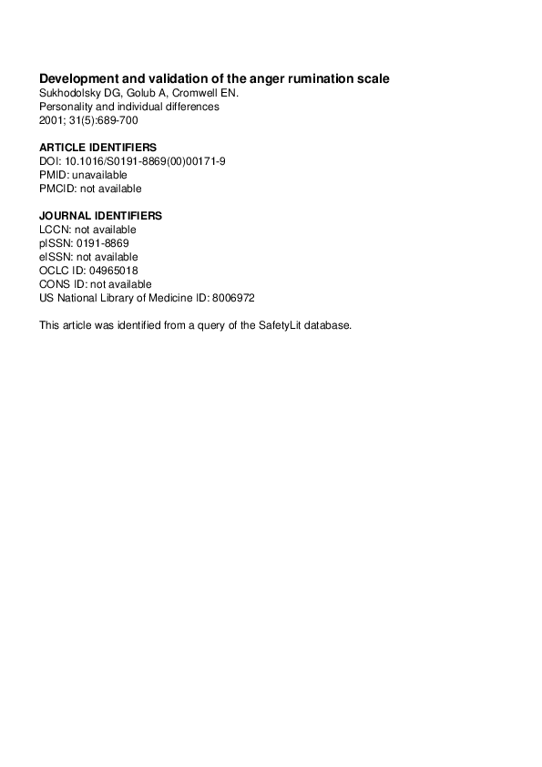 (PDF) Development and validation of the anger rumination scale Denis Sukhodolsky Academia.edu