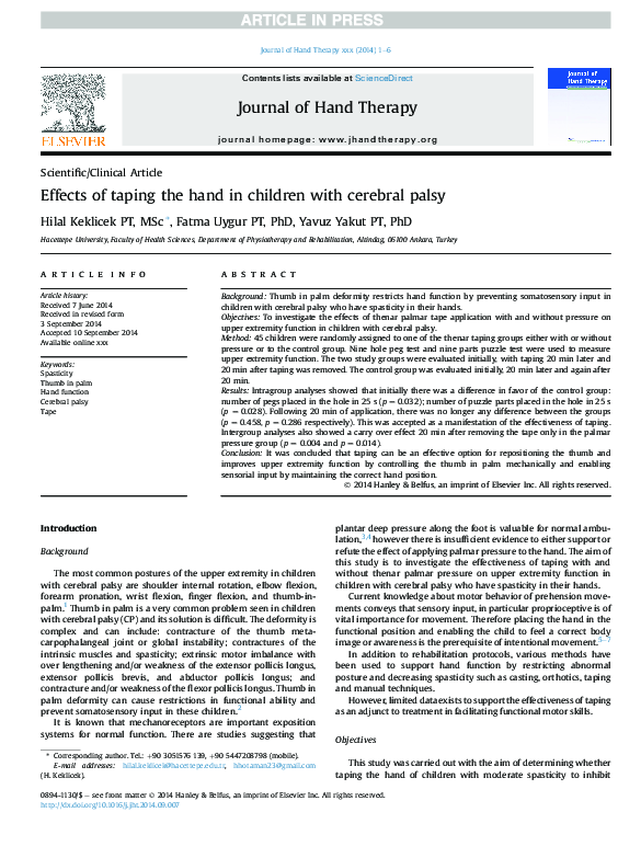 Effects of taping the hand in children with cerebral palsy