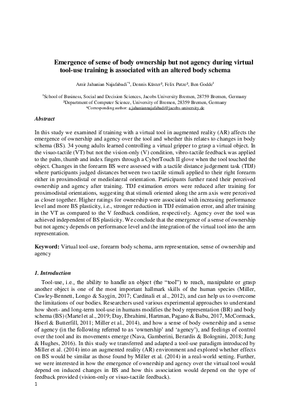 (PDF) Emergence of sense of body ownership but not agency during ...