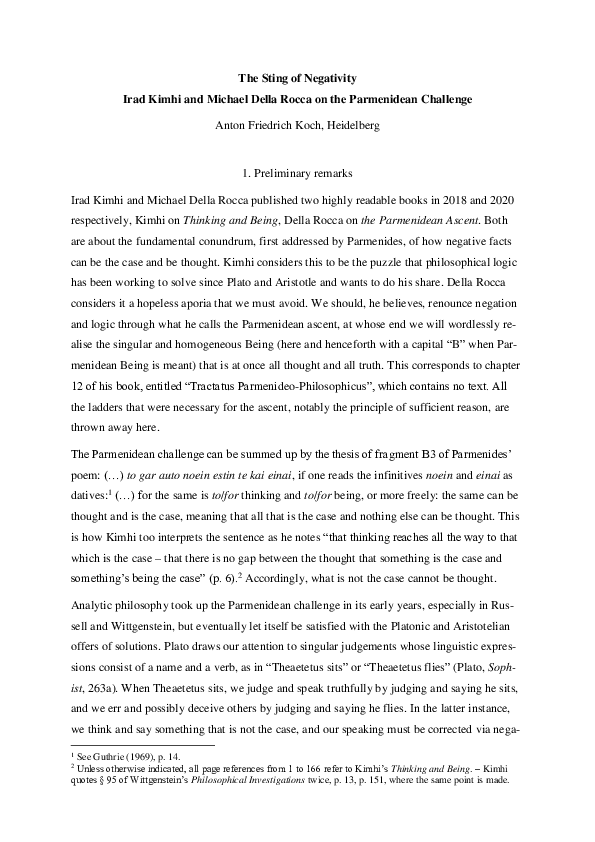 (PDF) The Sting of Negativity Irad Kimhi and Michael Della Rocca on the ...