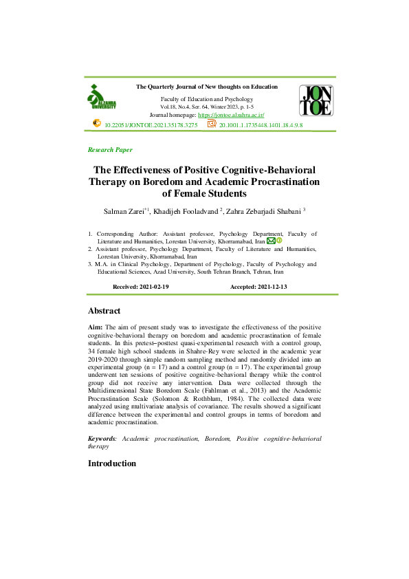  pdf the effectiveness of positive cognitive behavioral therapy on