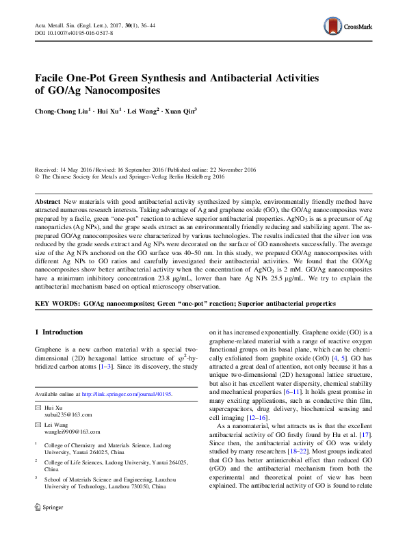 (PDF) Facile One-Pot Green Synthesis and Antibacterial Activities of GO ...