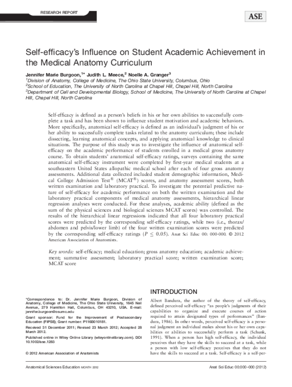 (PDF) Self-efficacy's influence on student academic achievement in the ...