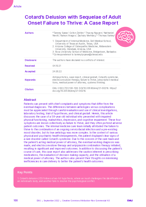 (PDF) Cotard’s Delusion with Sequelae of Adult Onset Failure to Thrive ...