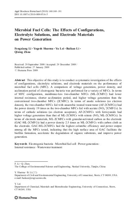 (PDF) Microbial Fuel Cells: The Effects of Configurations, Electrolyte ...