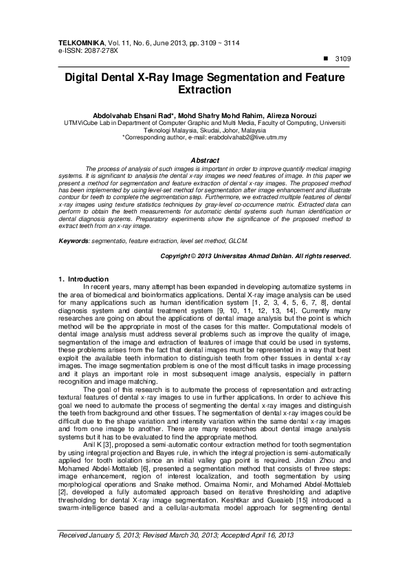 (PDF) Digital Dental X-Ray Image Segmentation and Feature Extraction