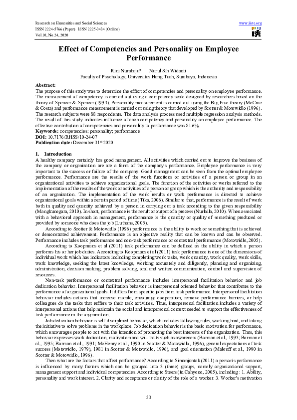(PDF) Effect of Competencies and Personality on Employee Performance