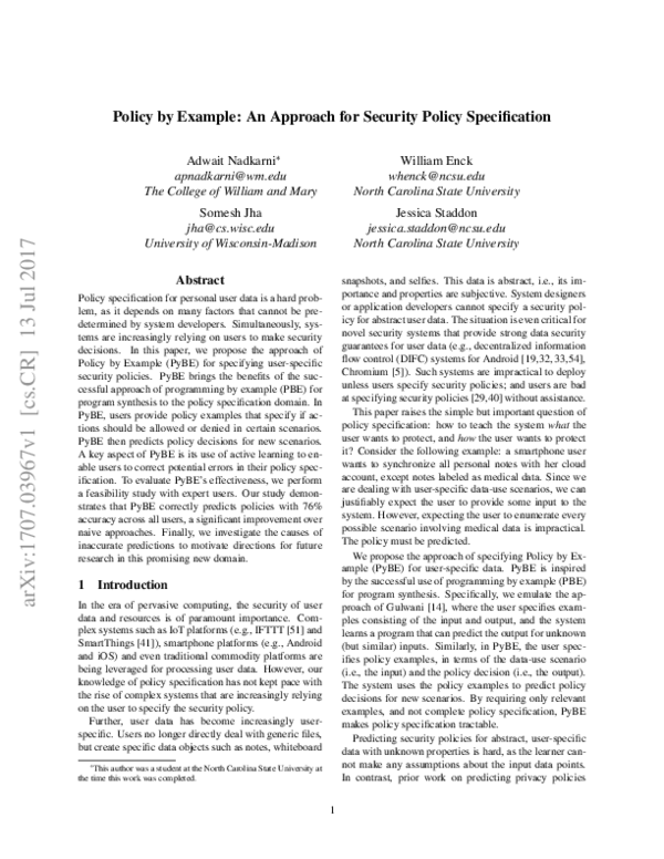 (PDF) Policy by Example: An Approach for Security Policy Specification