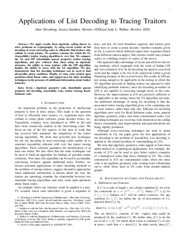 (PDF) Applications of list decoding to tracing traitors