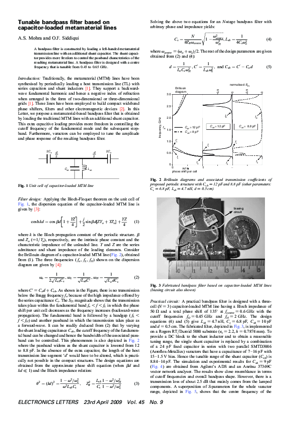 (PDF) Tunable bandpass filter based on capacitor-loaded metamaterial lines