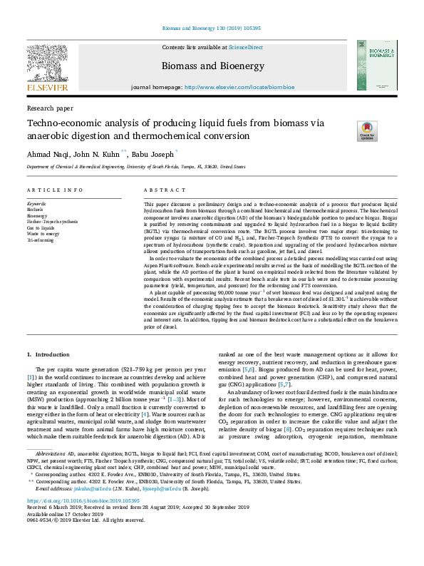 (PDF) Techno-economic analysis of producing liquid fuels from biomass ...