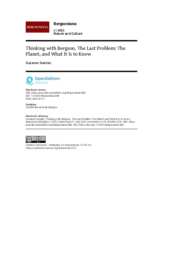 (PDF) Thinking with Bergson. The Last Problem: The Planet, and What It ...