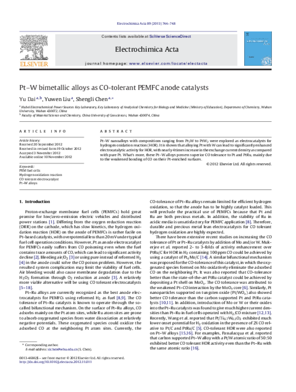 (PDF) Pt–W bimetallic alloys as CO-tolerant PEMFC anode catalysts
