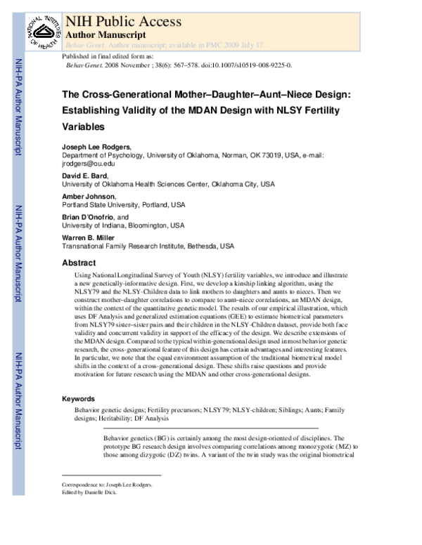 (PDF) The Cross-Generational Mother–Daughter–Aunt–Niece Design ...