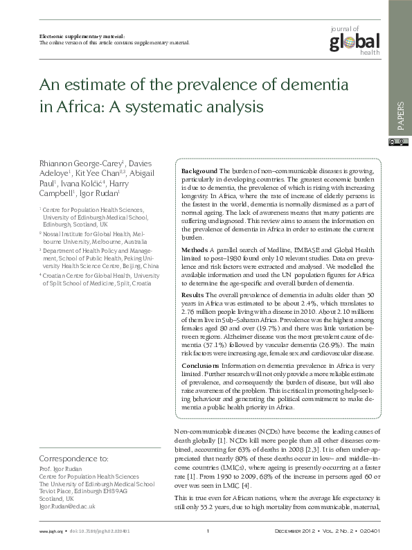 (PDF) An estimate of the prevalence of dementia in Africa: A systematic ...
