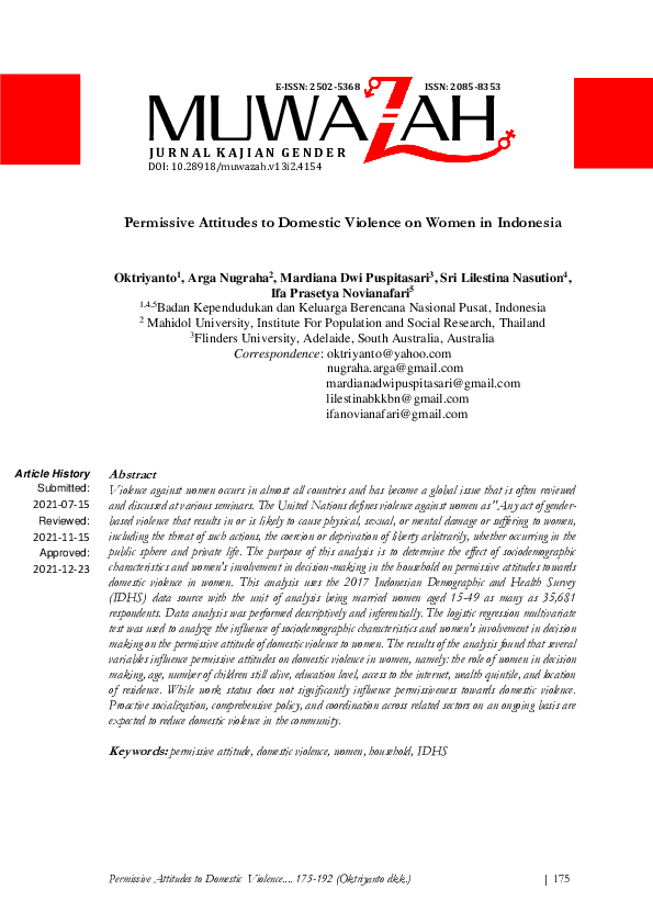 (PDF) Permissive Attitudes to Domestic Violence on Women in Indonesia