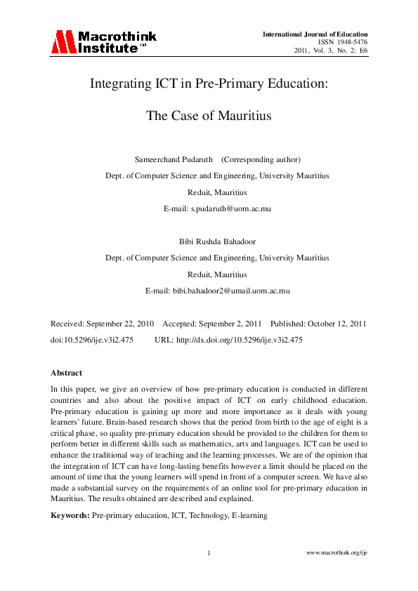 (PDF) Integrating ICT in Pre-Primary Education: The Case of Mauritius