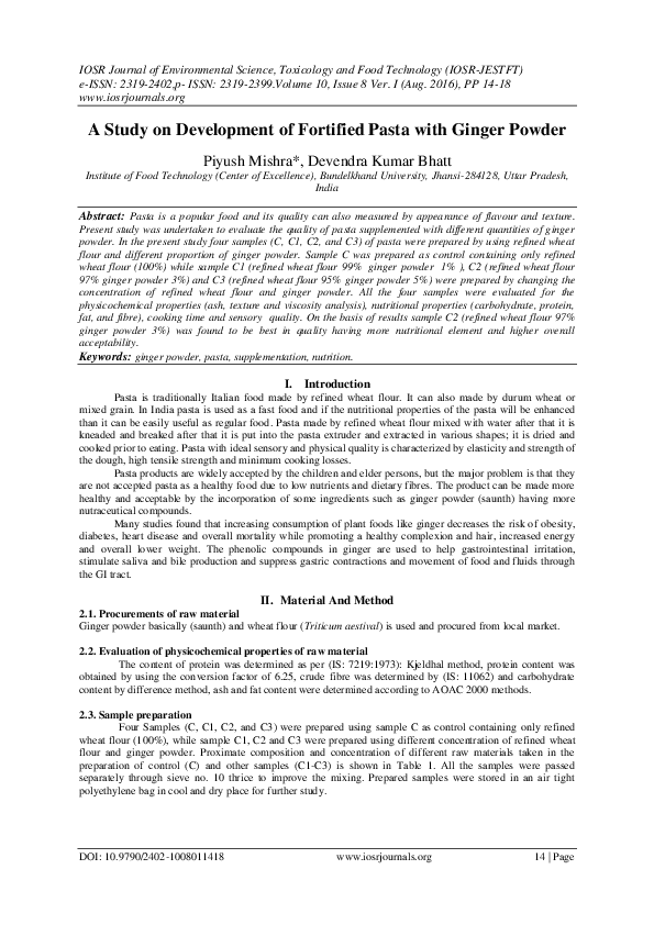 (PDF) A Study on Development of Fortified Pasta with Ginger Powder