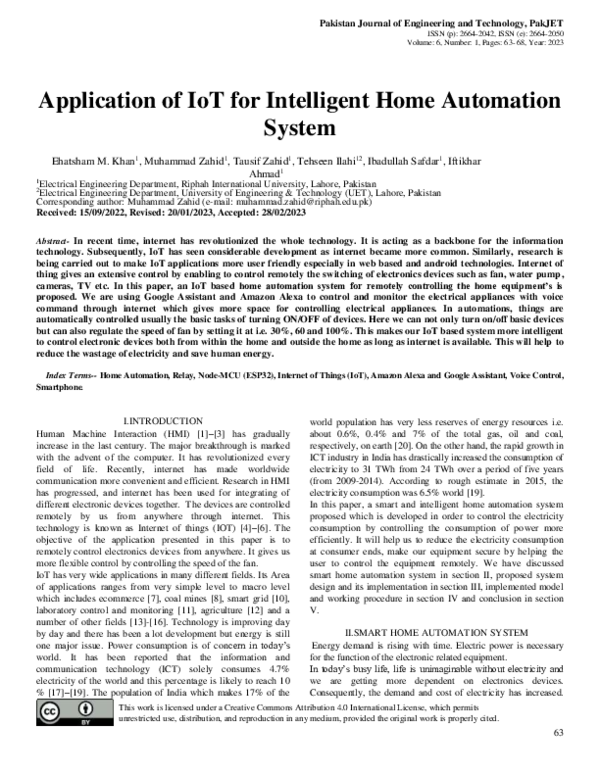 (PDF) Application of IoT for Intelligent Home Automation System