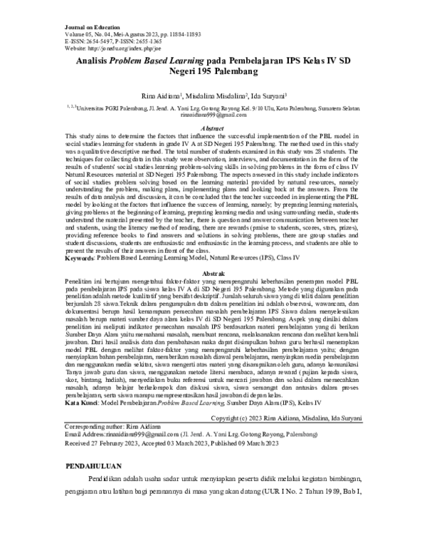 (PDF) Analisis Problem Based Learning pada Pembelajaran IPS Kelas IV SD ...