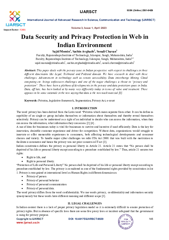 (PDF) Data Security and Privacy Protection in Web in Indian Environment