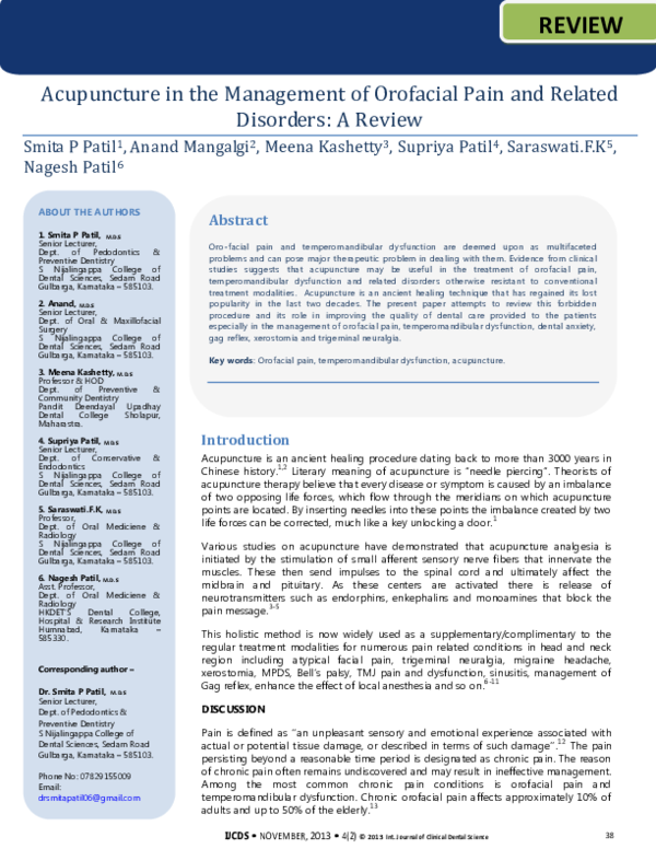 (PDF) Acupuncture in the Management of Orofacial Pain and Related ...
