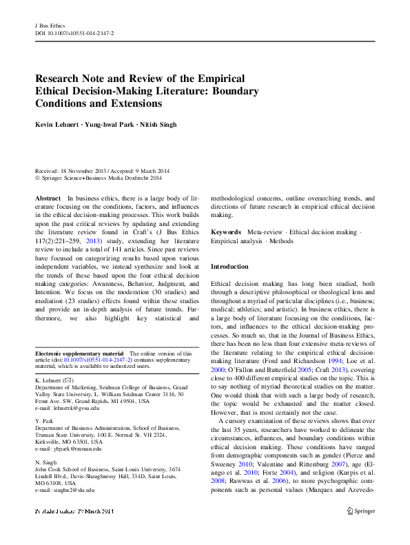 (PDF) Research Note and Review of the Empirical Ethical Decision-Making ...