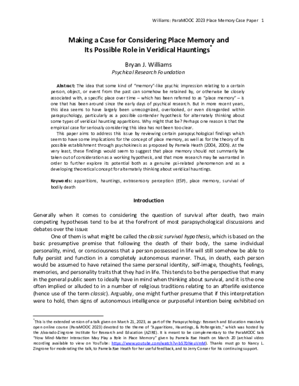 (PDF) Making a Case for Considering Place Memory & Its Possible Role in ...