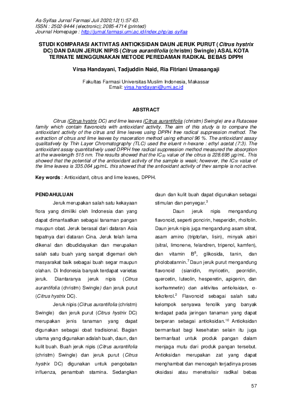 (PDF) STUDI KOMPARASI AKTIVITAS ANTIOKSIDAN DAUN JERUK PURUT (Citrus
