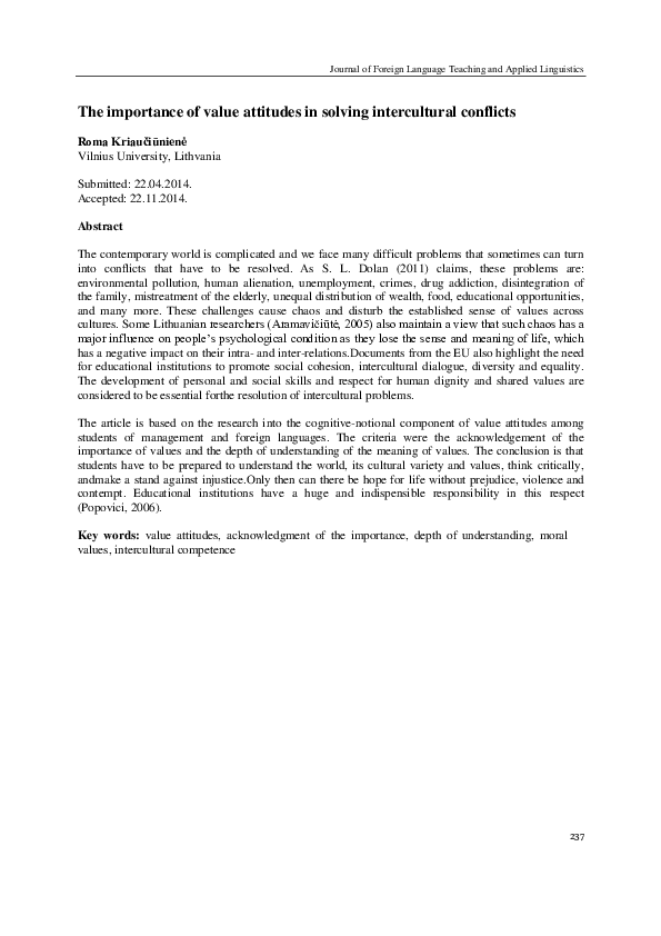 The importance of value attitudes in solving intercultural conflicts