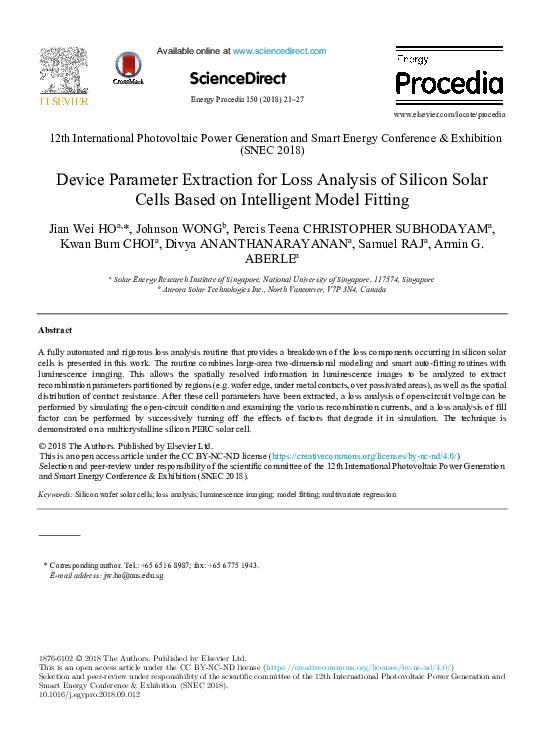 (PDF) Device Parameter Extraction for Loss Analysis of Silicon Solar ...