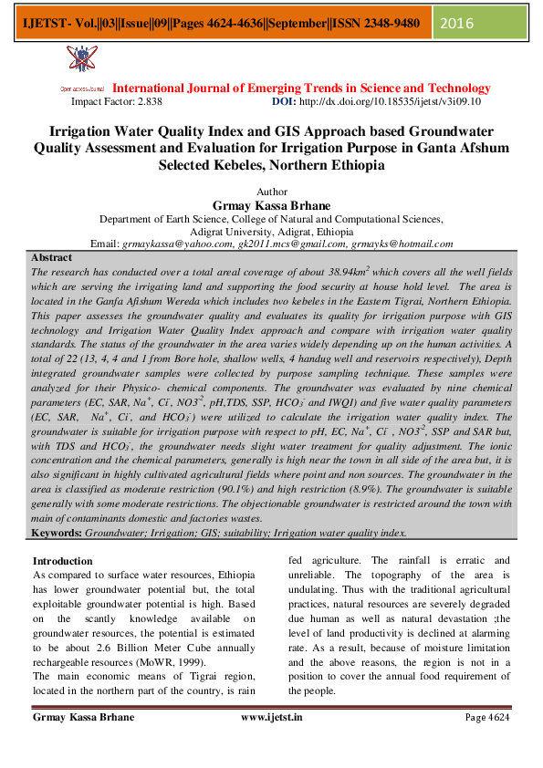 (PDF) Irrigation Water Quality Index and GIS Approach based Groundwater ...
