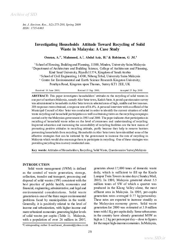 (PDF) Investigating Households Attitude Toward Recycling of Solid Waste ...