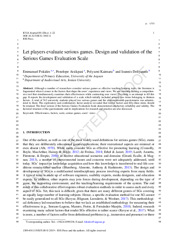 (PDF) Let players evaluate serious games. Design and validation of the ...