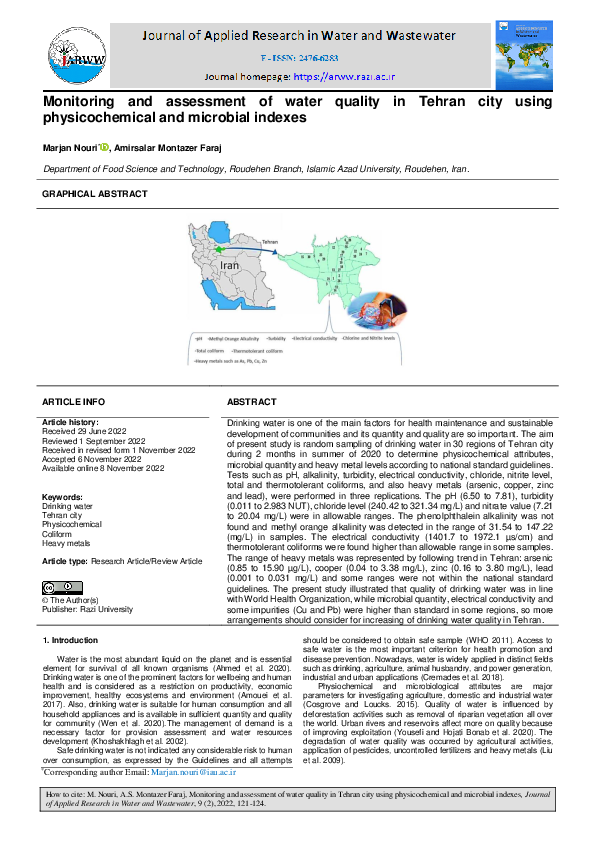 (PDF) Monitoring and assessment of water quality in Tehran city using ...