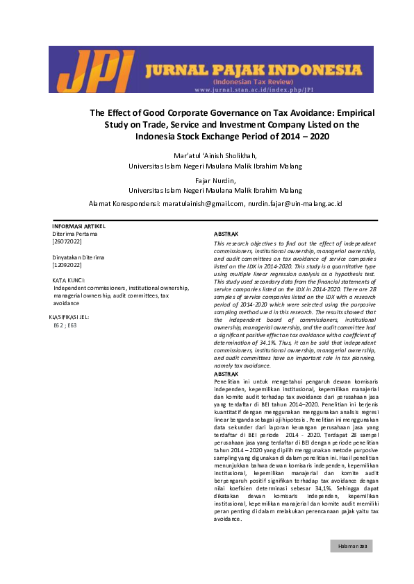 (PDF) The Effect of Good Corporate Governance on Tax Avoidance ...