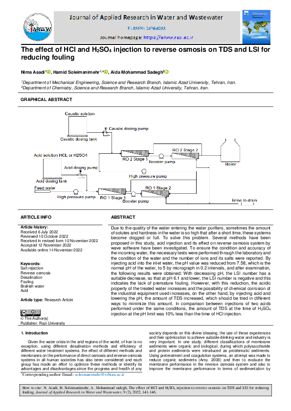 (PDF) The effect of HCl and H2SO4 injection to reverse osmosis on TDS ...