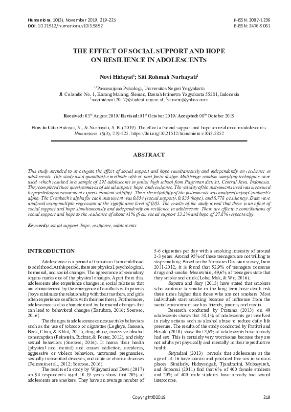 (PDF) The Effect of Social Support and Hope on Resilience in Adolescents