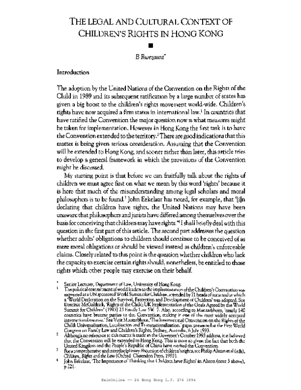 (PDF) The legal and cultural context of children's rights in Hong Kong