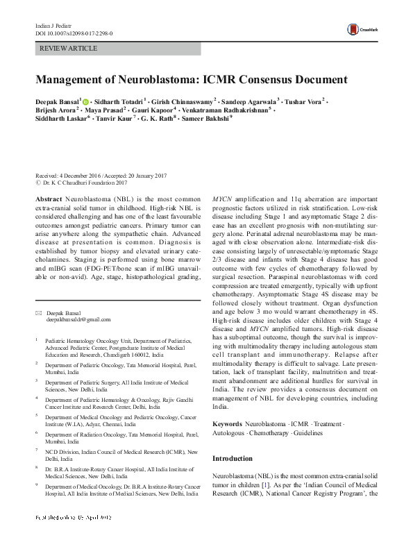 (PDF) Management of Neuroblastoma: ICMR Consensus Document