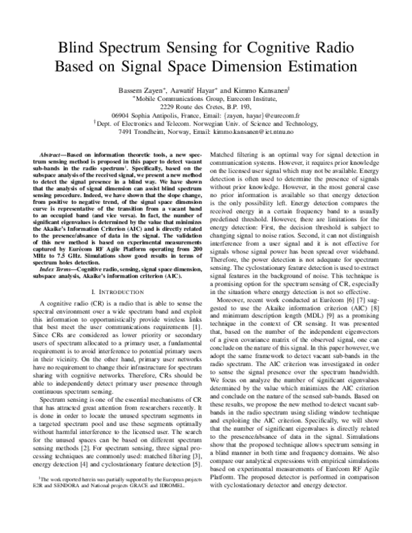 (PDF) Blind Spectrum Sensing for Cognitive Radio Based on Signal Space ...