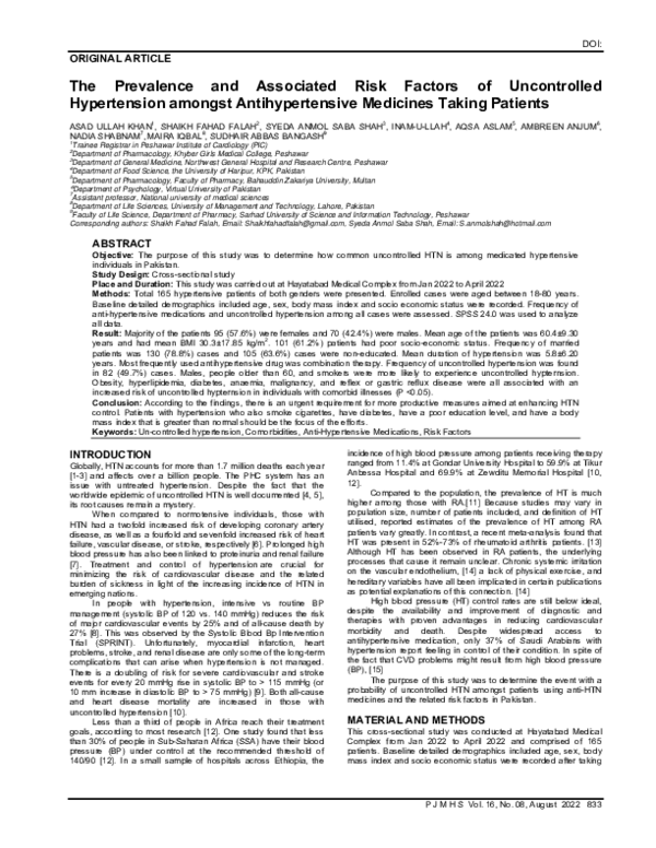 (PDF) The Prevalence and Associated Risk Factors of Uncontrolled ...