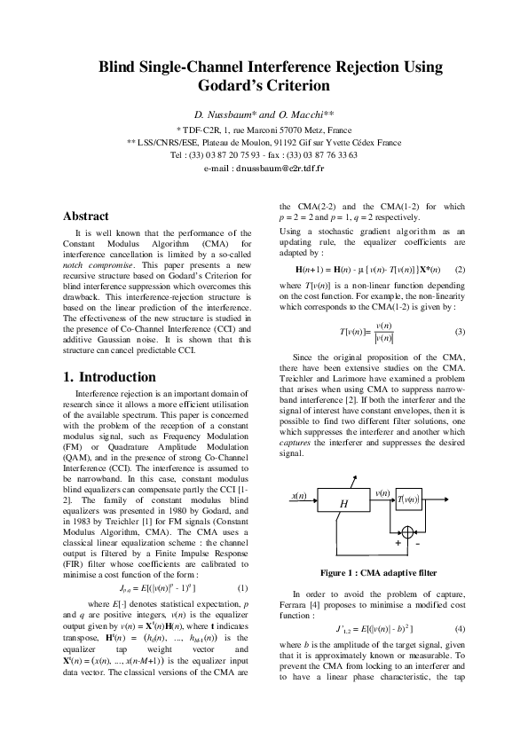 (PDF) Blind single-channel interference rejection using Godard's criterion